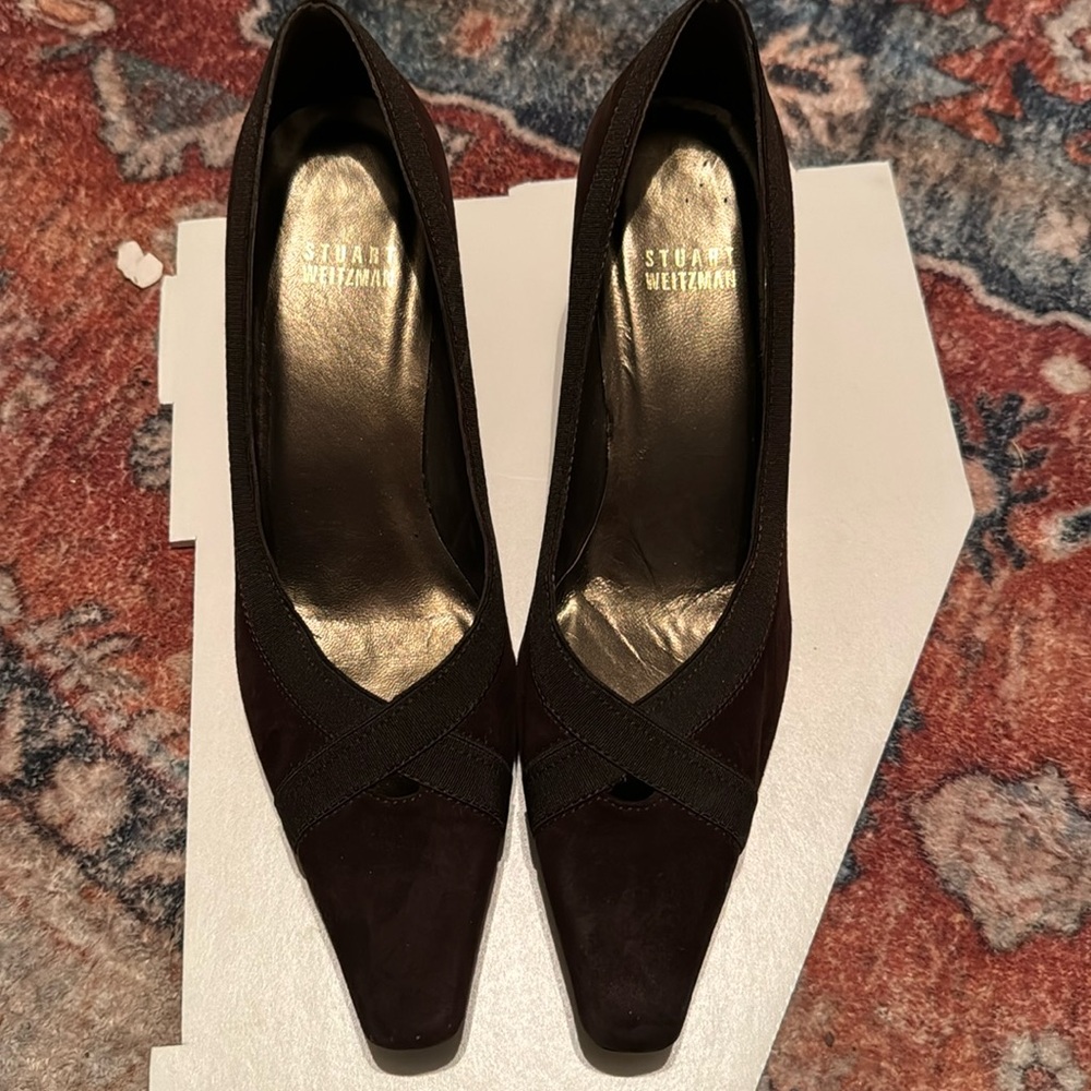 Stuart Weitzman Brown Suede Square Toe Low 2" Heels Pumps, Size 6.5